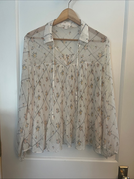 Zara Tops - Zara Sheer White Floral Tie-Neck Blouse